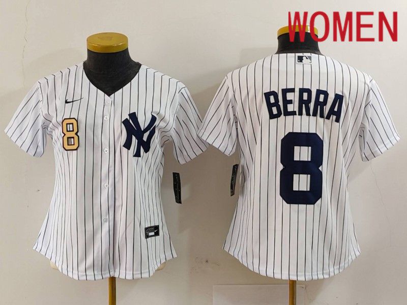 Women New York Yankees 8 Berra White stripe Game 2024 Nike MLB Jersey style 1